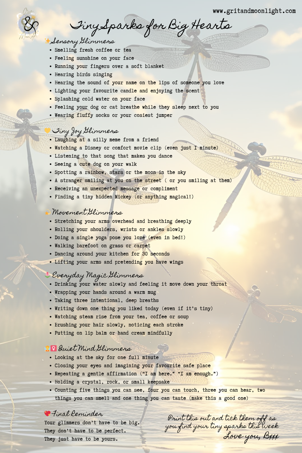 Tiny Sparks for Big Hearts — Glimmers Checklist (Free Printable)
